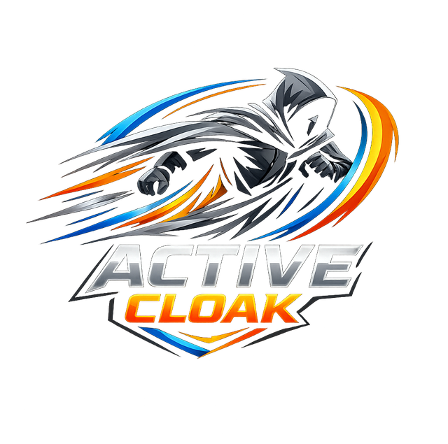 ActiveCloak — hooded figure in motion with blue and orange speed streaks